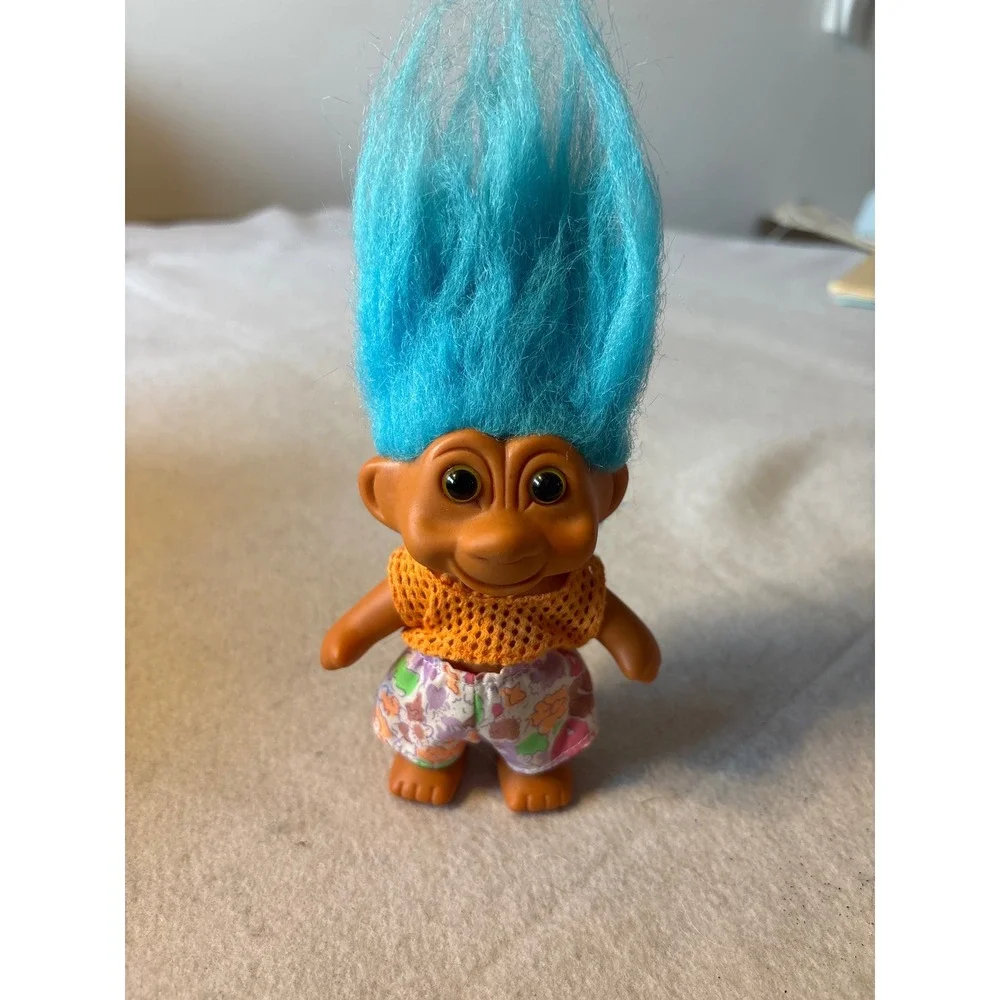 Vintage 1991 TNT Troll Doll Blue Hair Orange Top Flower Shorts‎ Collectible Toy
